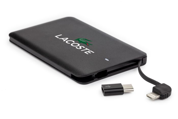 black credit card power bank with lacoste logo