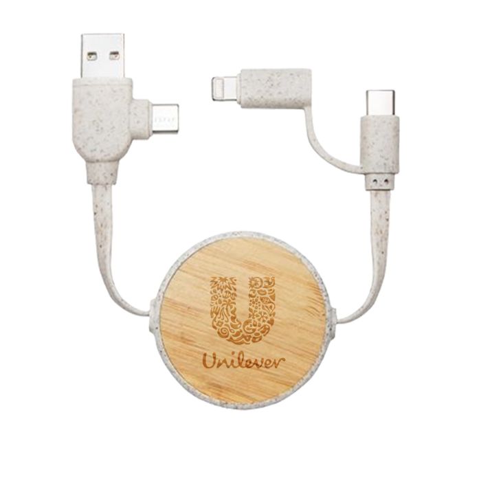Bamboo Retractable Cable with Unilever logo engraved