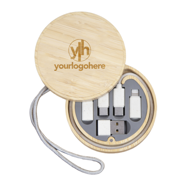 Bamboo Wireless Charging Promotional Kit with Cables and Adapters. Promotional wireless charger. Ecofriendly