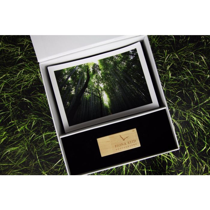 6x4 prints in a white flip box with wooden USB stick