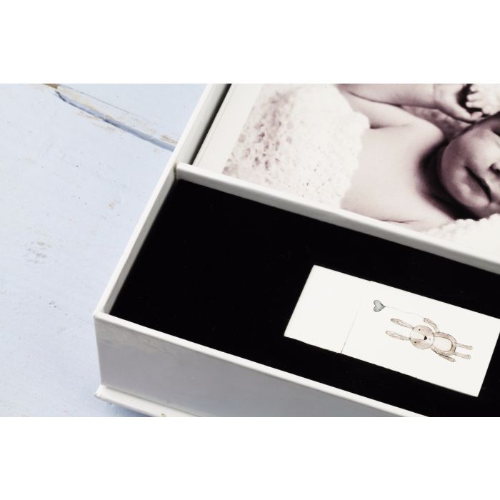 White wooden USB and white prints box for photos