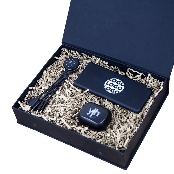 Promotional slim xl led gift set with branded powerbank, earphones and cable