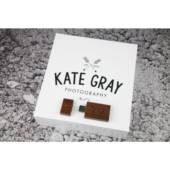 White prints box with wooden USB branded