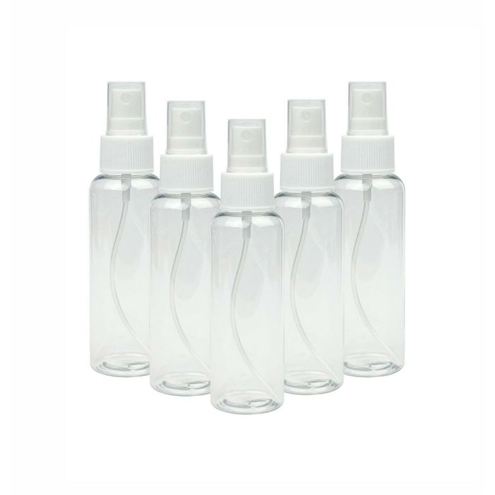 Five 100ml see through empty plastic bottles with spray caps 