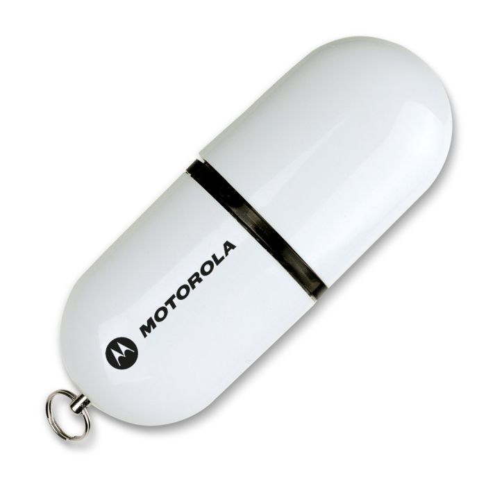 white pod shaped USB stick with motorola logo printed