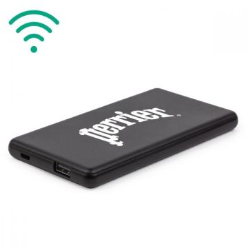 Black wireless power bank with wireless icon and perrier logo printed 