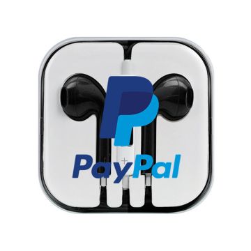 Paypal logo printed onto branded epic earphones