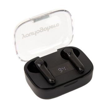 Earbuds open showing LED charging display
