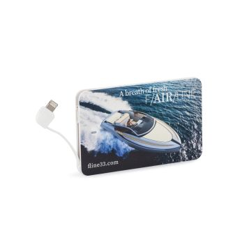 Branded Credit Card Power Bank printed with Fairline logo and photo of yacht 