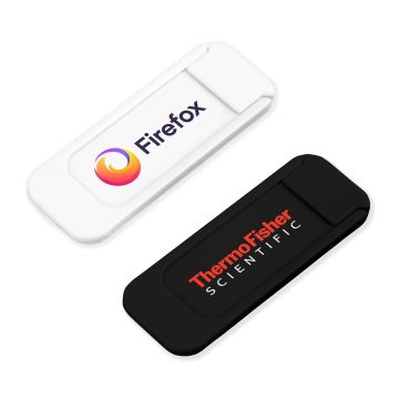 Branded Slider webcam covers in black and white, printed with firefox and thermo fisher logos.