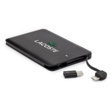 Customisable black credit card power bank with Lacoste logo