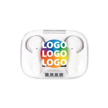 Promotional earbuds with logo on front
