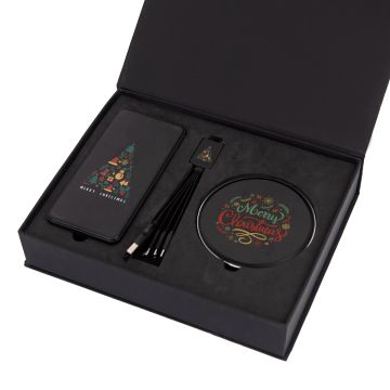 Black Promotional gift set with cable, wireless charger and power bank