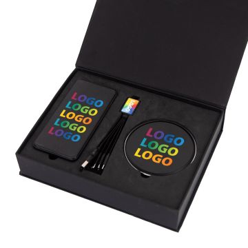 Black Promotional gift set with cable, wireless charger and power bank