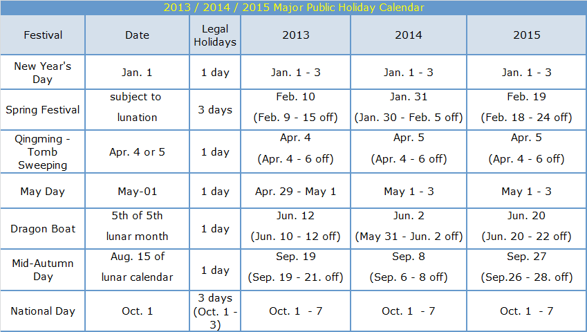 timetable of Chinese public holidays