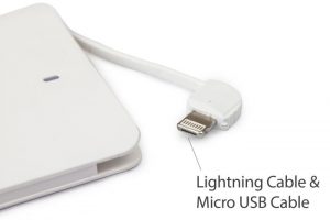 Credit card power bank with lightning cable and micro USB cable