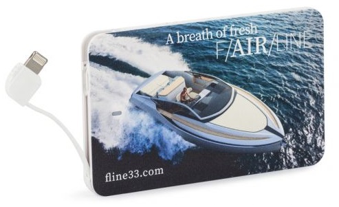 Credit card sized power bank printed with a logo and photo of a yacht