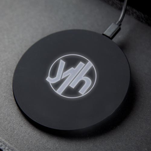 LED wireless charger with YLH engraved with light up LEDs