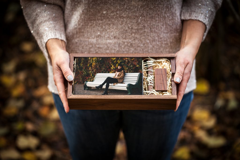 Woman holding Walnut Rectangle Photo Slide Box