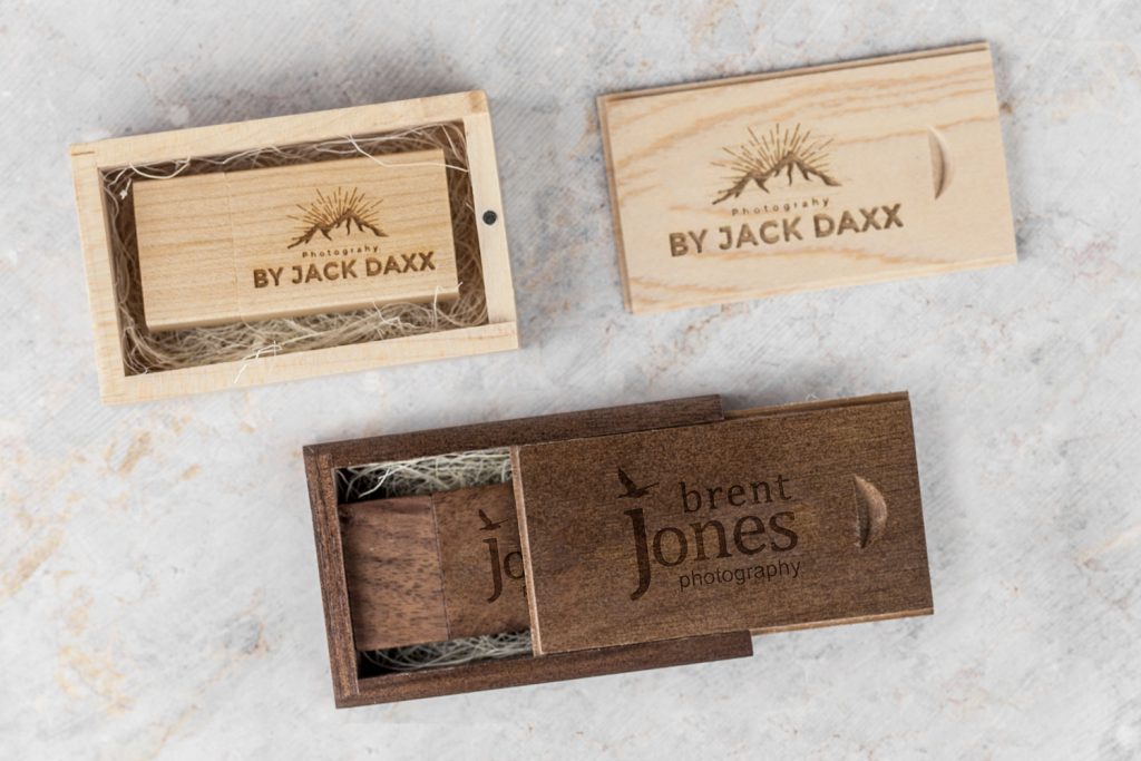 Maple and Walnut Woodland USBs and Wooden Slide Boxes
