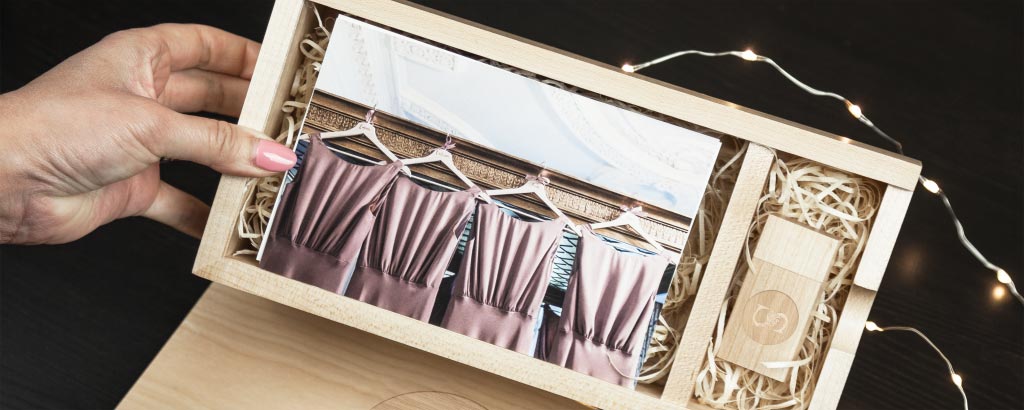 Maple Rectangle Photo Slide Box with images and engraved Wooden USB stick