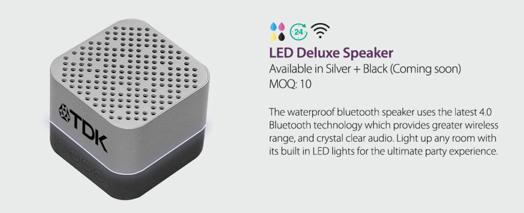 Silver bluetooth speaker with TDK logo