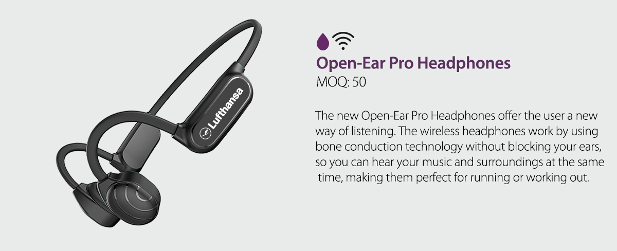 Black open ear headphones with Lufthansa logo and useful information