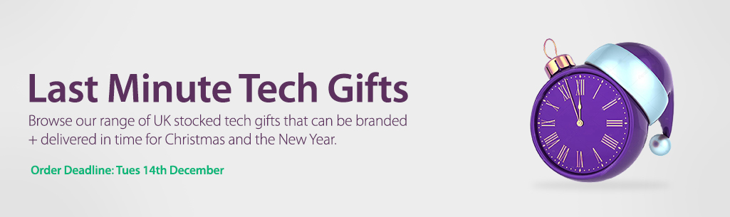 A purple bauble "clcok" with a festive hat on. Text reads: Last Minute Tech Gifts, Browse our range of UK stocked tech gifts that can be branded & delivered i time for Christmas and the New Year.