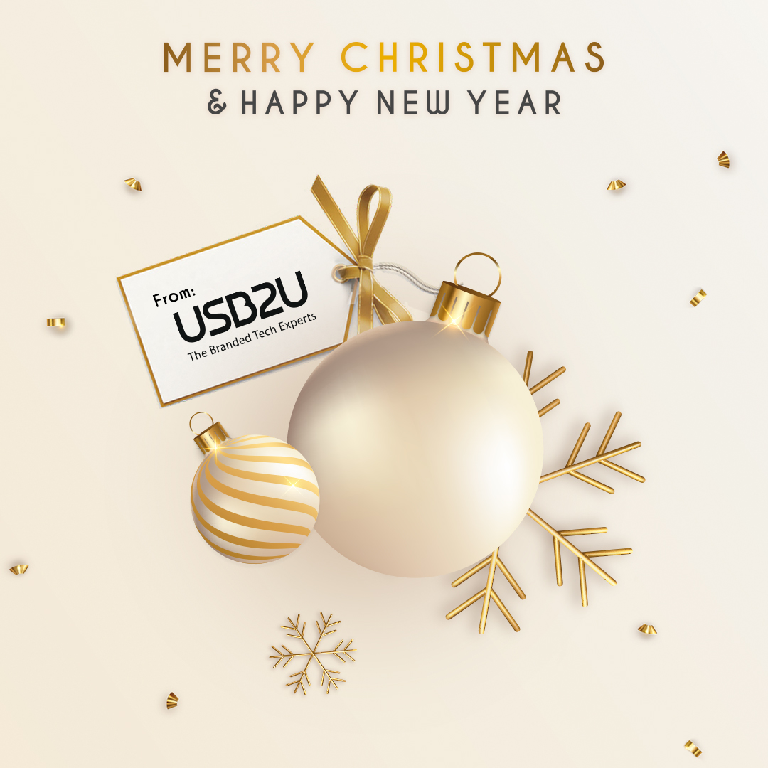 Gold christmas bauble with USB2U tag on it with text saying: Merry Christmas and a Happy New Year
