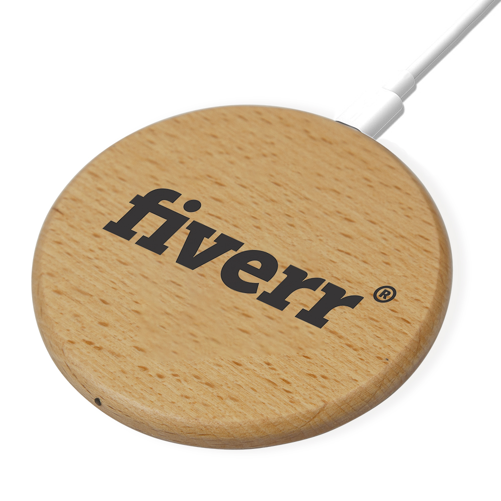 light wood wooden wireless charger printed with fiverr logo