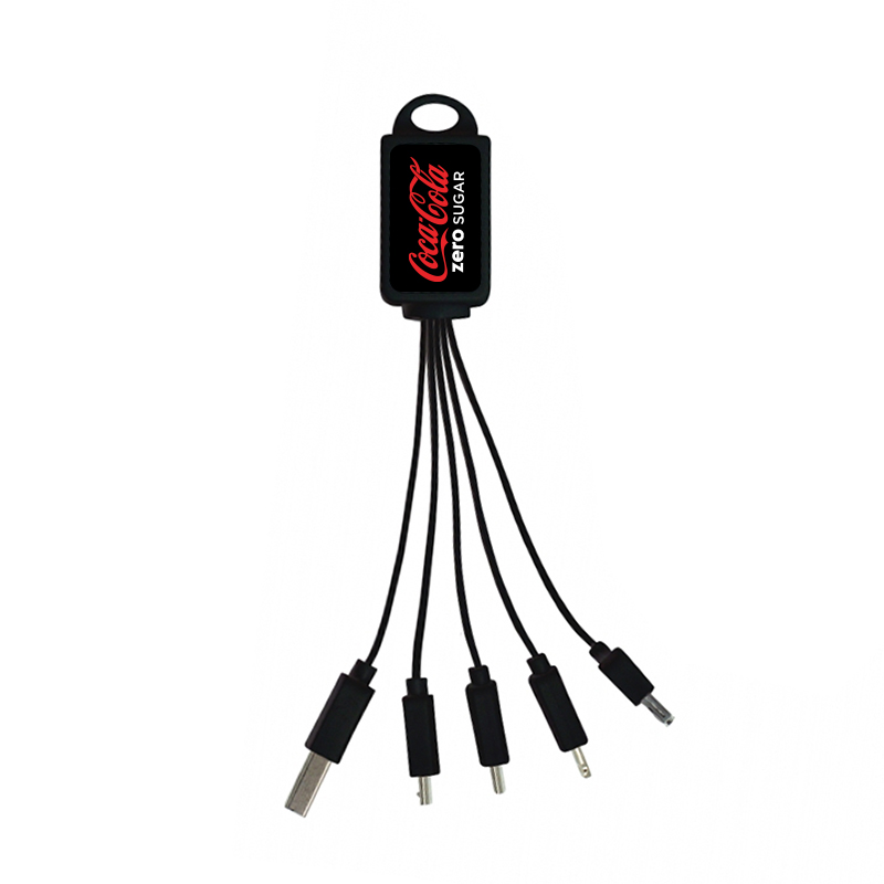 3 in 1 charging cable in black printed with the coca cola logo 