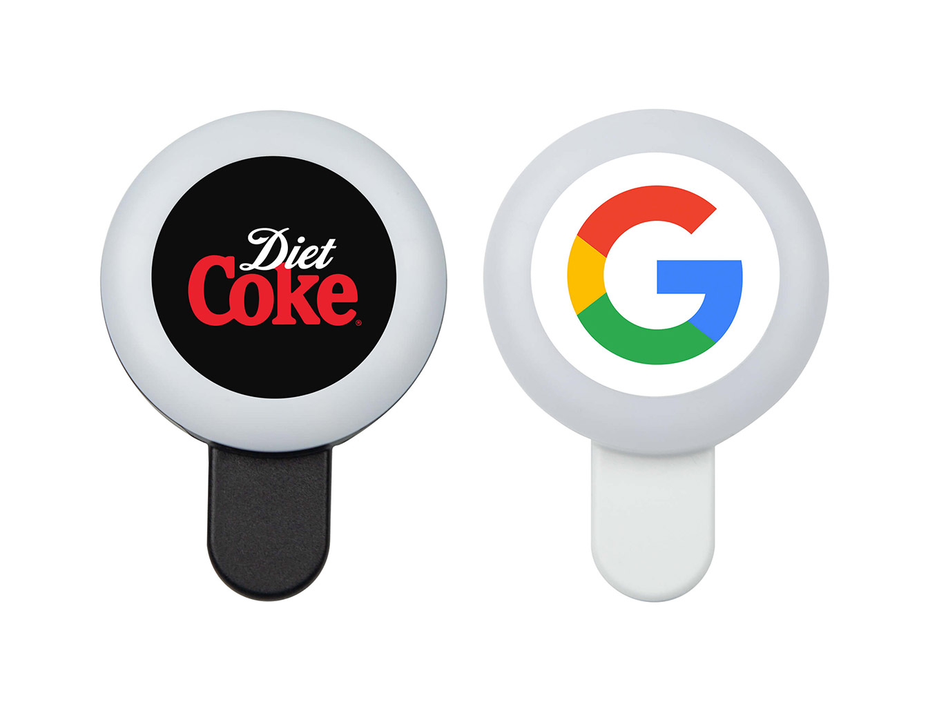 Promotional selfie ring lights for phones printed with diet coke and google logos in black and white
