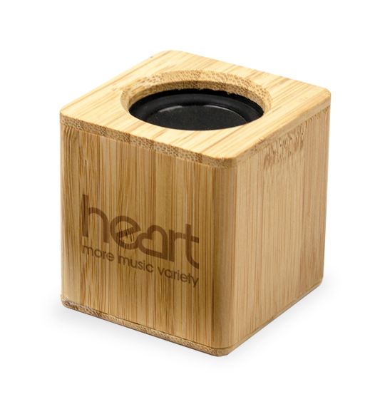 Bamboo Speaker engraved with Heart FM logo