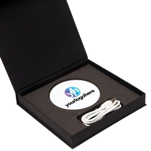 Wireless Charging Gift Set including Curve Wireless Charger complete with extra long 90cm charging cable, printed with 'your logo here' and presented in a soft touch black presentation box