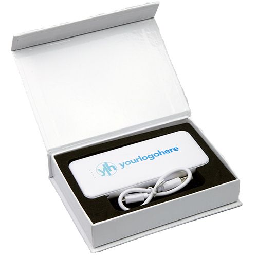 value power bank gift set including pocket pro 5000 power bank printed with 'your logo here' design in blue and presented in a white gift box with charging cable,